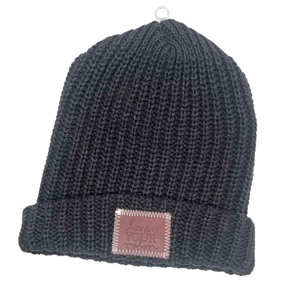 Love Your Melon heathered black leather patch knit winter beanie new
